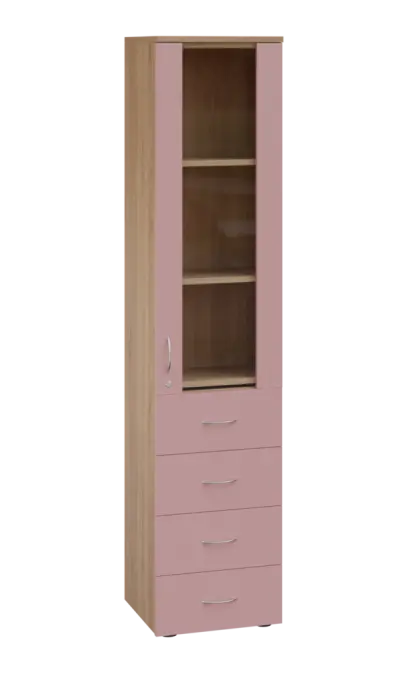 LE - 44 skříň léková prosklená, pravá, korpus dub bardolino, dvířka pastelově růžová